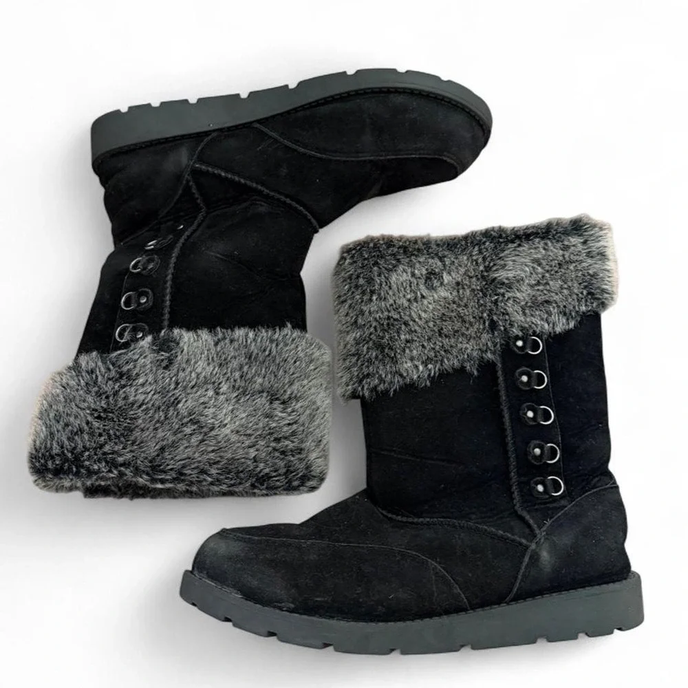 Rampage Womens Black Faux Suede Mid Calf Winter Boots Gray Faux Fur Trim Size 8